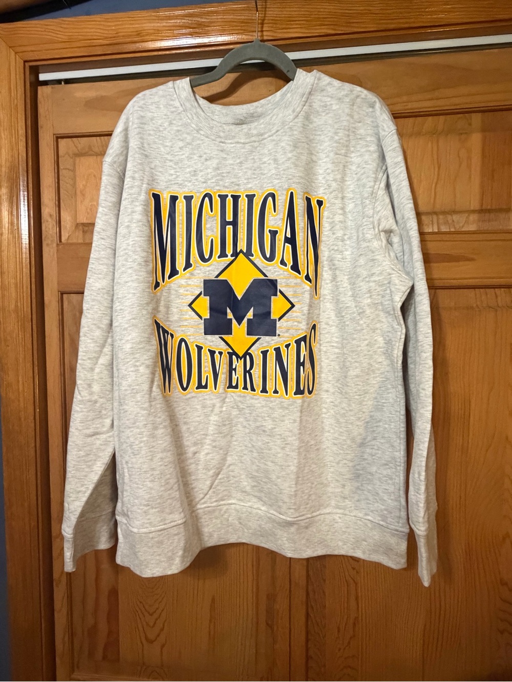 Rivalry Threads Heather Gray Crewneck with Navy and Yellow Michigan Logo